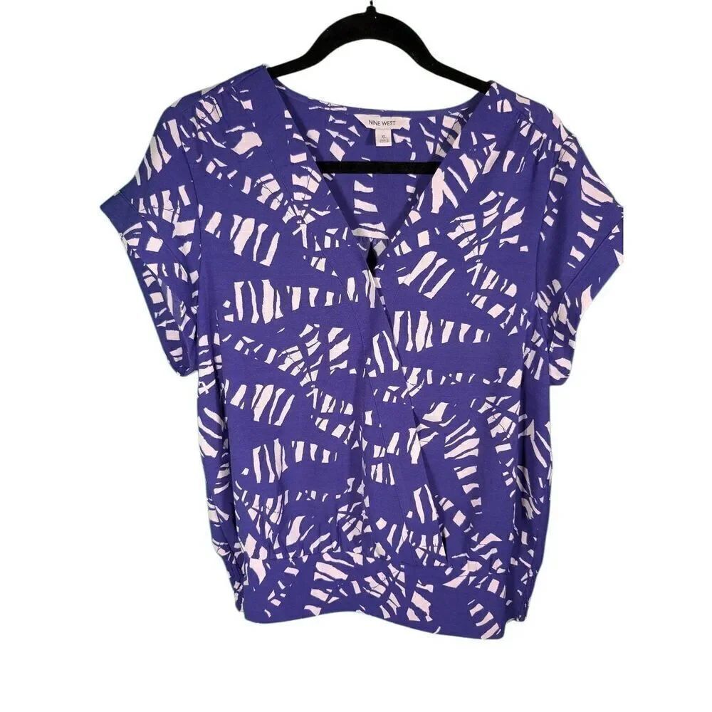 Nine West Blue Women's Surplice Neckline Dolman Short Sleeve Top Blouse Size XL